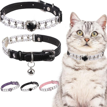 EXPAWLORER Cat Collar Leather with Bell and Safety Elastic Belt,Personalized Rhinestones Bling Adjustable Collars for Cats Kitty and Small Dogs,Pearl cat Collar Black (Pearl)