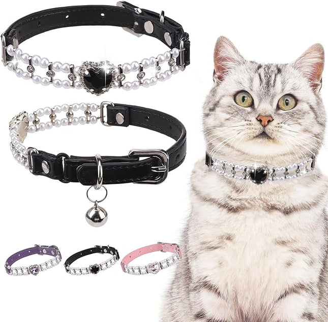 EXPAWLORER Cat Collar Leather with Bell and Safety Elastic Belt,Personalized Rhinestones Bling Adjustable Collars for Cats Kitty and Small Dogs,Pearl cat Collar Black (Pearl)