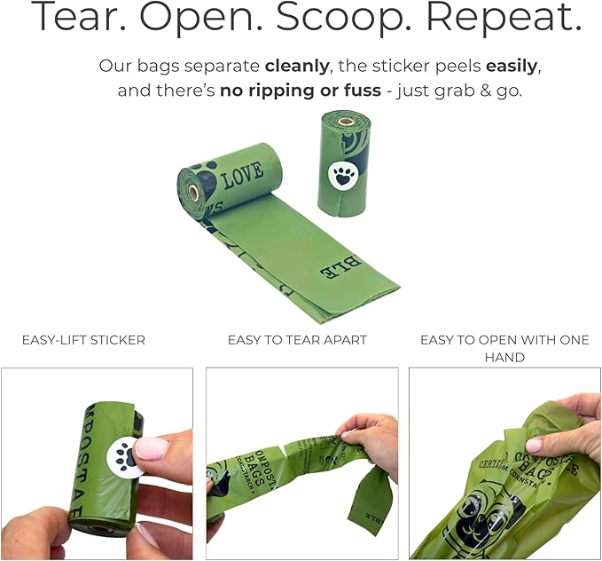 100% Certified Home Compostable Dog Poop Bags, Leak-Proof & Extra Thick, Plant-Based, Unscented, Easy to open, Plastic-Free Pet Waste Bags, 240 Count (16 Rolls, Great Value)