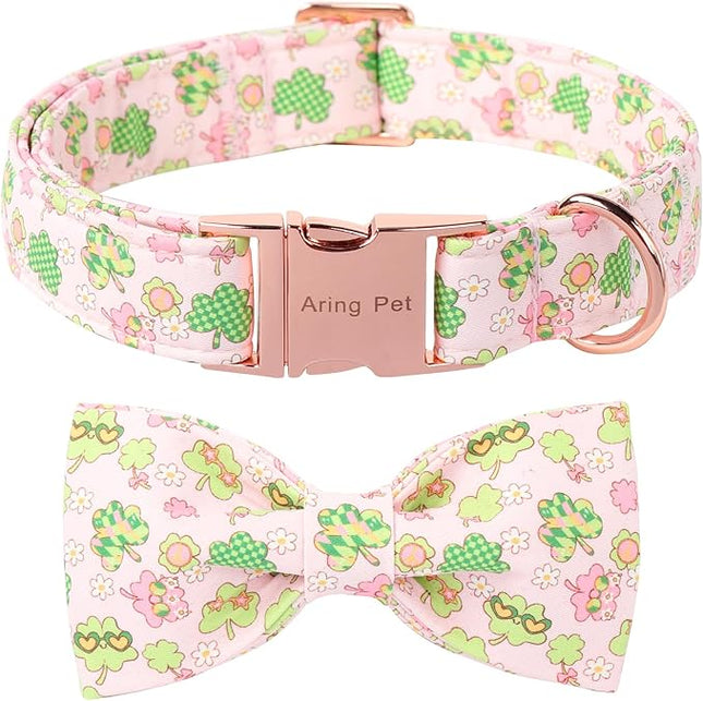 ARING PET St Patrick's Dog Collar with Bow, Cute Pink Shamrock Clovers Pets Detachable Bow Tie Collars for Puppy Small Medium Large Girl Boy Dogs-S