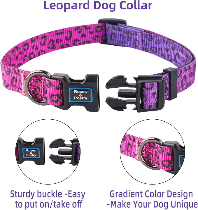 Roses&Poetry Dog Collars for Medium Dogs, Leopard Print Puppy Collar Adjustable Nylon Pet Collar Durable Reflective for Small Medium Large Dogs(Rose-Leopard M)