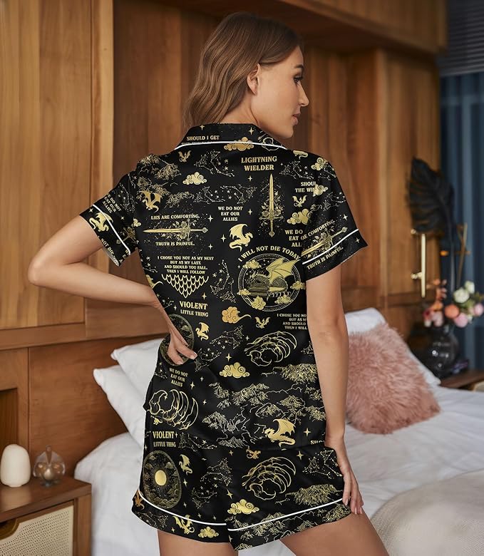 Women’s Silk Satin Pajama Set, Short Sleeve Button Down 2 Piece PJs with Shorts, Cozy Loungewear & Matching Holiday Pajamas