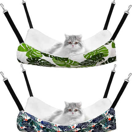 2 Pieces Reversible Cat Hanging Hammock Soft Breathable Pet Cage Hammock with Adjustable Straps and Metal Hooks Double Sided Hanging Bed for Small Dogs Rabbits(Monstera Leaf,L)