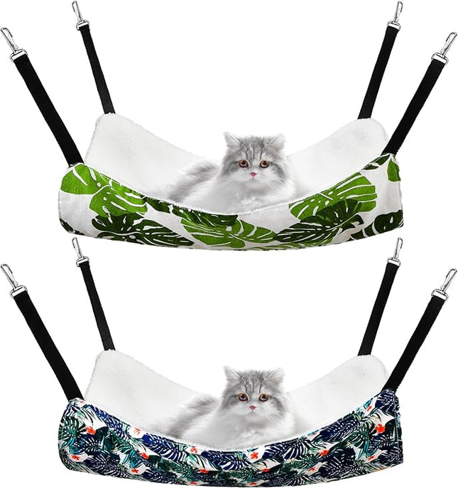 2 Pieces Reversible Cat Hanging Hammock Soft Breathable Pet Cage Hammock with Adjustable Straps and Metal Hooks Double Sided Hanging Bed for Small Dogs Rabbits(Monstera Leaf,L)