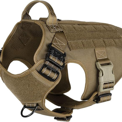 ICEFANG Tactical Dog Harness, Large Size,2X Metal Buckle,Working Dog MOLLE Vest with Handle,No Pulling Front Leash Clip,Hook and Loop Panel (Brown,L (Pack of 1))