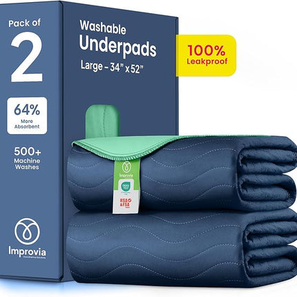 IMPROVIA® Washable Underpads, Heavy Absorbency Reusable Incontinence Pads for Kids, Adults, Elderly, and Pets, Waterproof Protection Floor (Navy & Green, 34"x52" (Pack of 2))