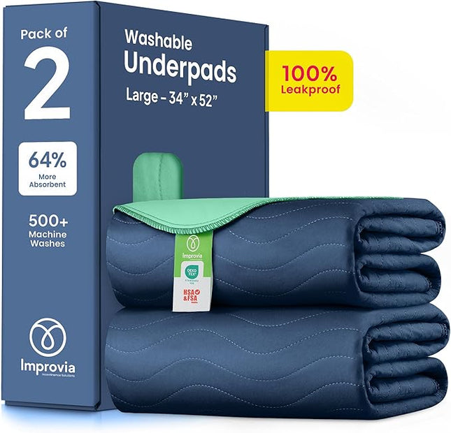 IMPROVIA® Washable Underpads, Heavy Absorbency Reusable Incontinence Pads for Kids, Adults, Elderly, and Pets, Waterproof Protection Floor (Navy & Green, 34"x52" (Pack of 2))