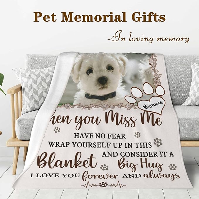Custom Pet Memorial Blanket with Photo,Personalized Dog/Cat Loss Sympathy Gift,Pet Loss Bereavement Remembrance Gifts,Flannel Throw Blanket with Pictures (Cream)