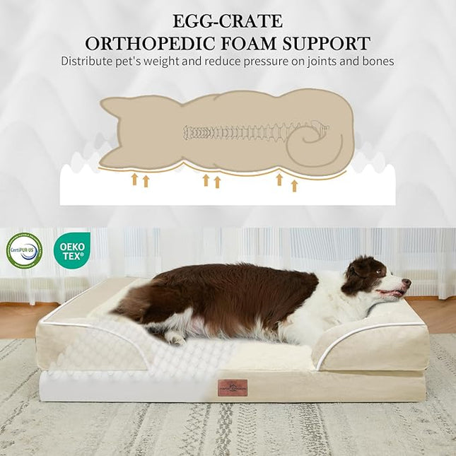 Comfort Expression Orthopedic Dog Bed for Medium Dogs 28x19 Inch, Waterproof Supportive Egg Crate Foam Medium Pet Bed with Removable Bolsters, Dog Couch with Washable Cover & Non-Slip Bottom, Beige