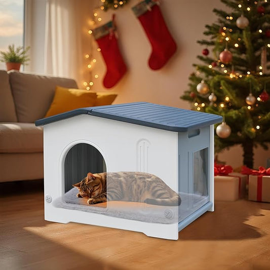 Waterproof Outdoor Cat House with Escape Door, Plastic Cat House for Feral Cats Outdoor Cat House with Mat, Sturdy Cat House for Outdoor Cats, Assemble Easily-Grey