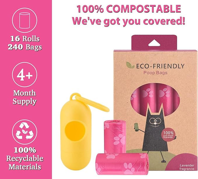 Biodegradable Dog Poo Bags with Holder-240 Large Poop Bags, Corn Starch Blended Compostable Bag, Extra Thick Strong Leak Proof Waste Bag for Dogs (Pink)