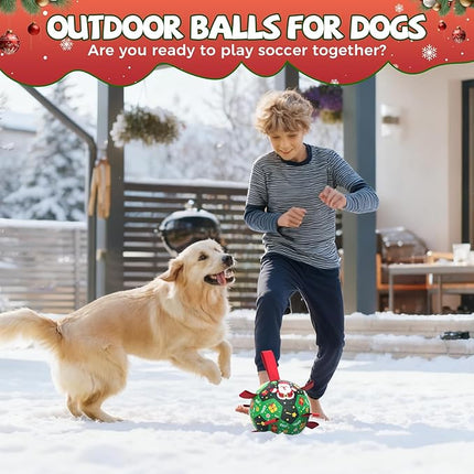 QDAN Christmas Dog Toys: Soccer Ball with Straps for Outdoor Play, Tug of War- Dog Birthday Gift, 8 Inch Balls for Medium & Large Dogs