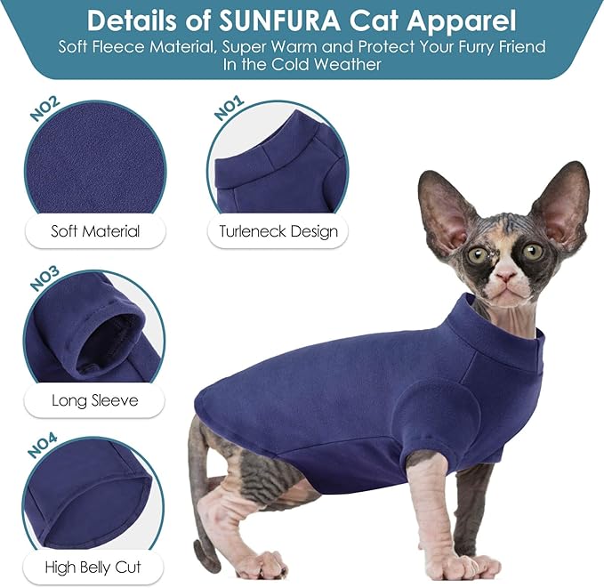 SUNFURA Turtleneck Sweater for Cat, Sphynx Cats Shirt Hairless Cat Sweaters with Sleeves, Warm and Soft Kitten Pullover Fleece Winter Pajamas Jumpsuit for Puppy Cats, Navy L