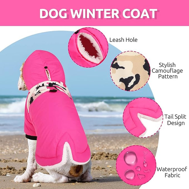 Queenmore Warm Dog Winter Coat, Cold Weather Waterproof Snow Jacket with Reflective Hoodie and Long Sleeves for Small to Large Dogs