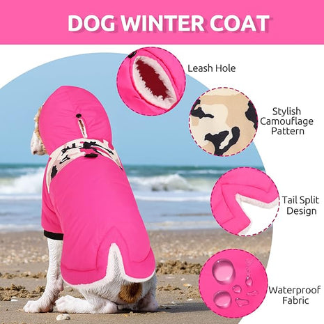 Queenmore Warm Dog Winter Coat, Cold Weather Waterproof Snow Jacket with Reflective Hoodie, Long Sleeves for Small to Large Dogs