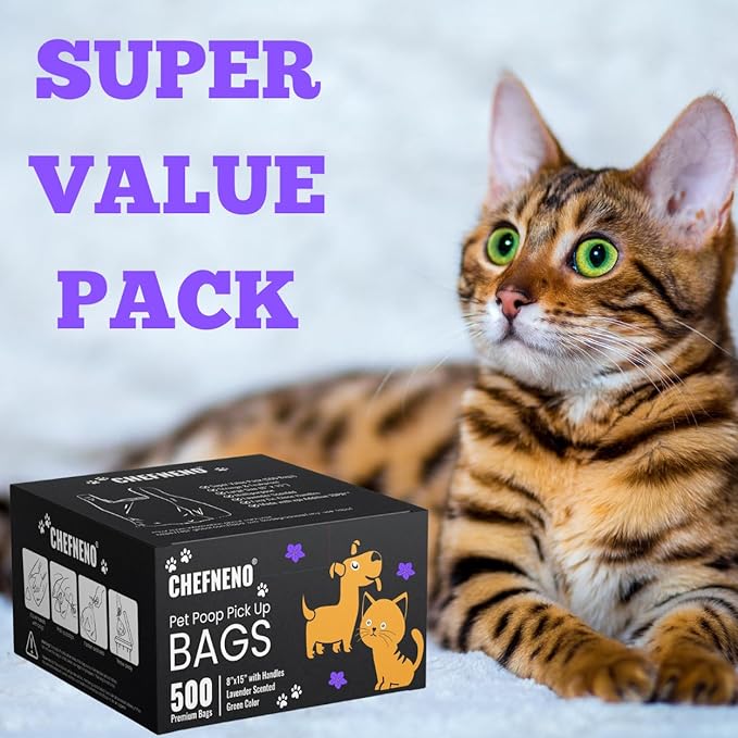 Cat Litter Waste Bags Biodegradable (500 ct., Green) Bulk Dog Poop Bags with Easy Tie Handles Earth-Friendly Lavender Scented Cat Litter Poop Diaper Bag Disposable Sanitary Pad Waste Bags (500 Bags)