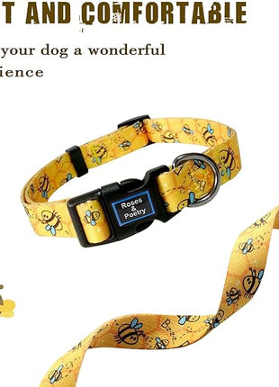 Roses&Poetry Dog Collar with Colourful Bee Patterns, Adjustable Durable Puppy Collars for Small Medium Large Dogs (Bee-L)