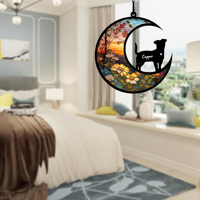 Dog Memorial Suncatcher, Personalized Pet Breeds with Name Date, Stained Glass Light Catcher, Dog Memorials & Funerary Gifts