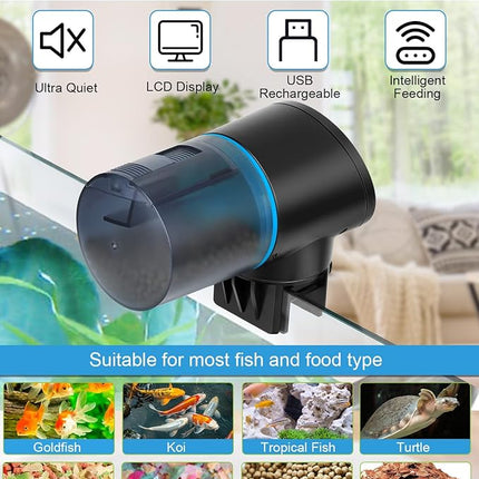 Automatic Fish Feeder for Aquarium - Rechargeable Fish Food Auto Dispenser Vacation Turtle Feeder with USB Charger Cable，LCD Screen, Customized Schedule (Blue)