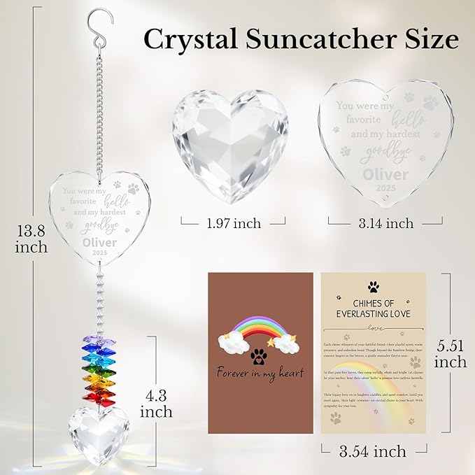 Personalized Pet Memorial Suncatcher - Dog Memorial Gifts for Loss of Dog,Pet Loss Sympathy Gift,Custom Crystal Cats Dogs Remembrance Bereavement Gift (Pet Memorial(Heart))