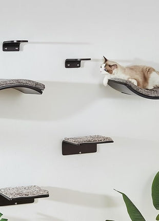 Cat Shelf with Comfortable Cushion - Curved Modern Cat Bed (Large Size) - Lotus Leaf Design Cats Wall Perch - Wall Mounted Cats Furniture for Sleeping, Playing, Climbing, and Lounging, Walnut