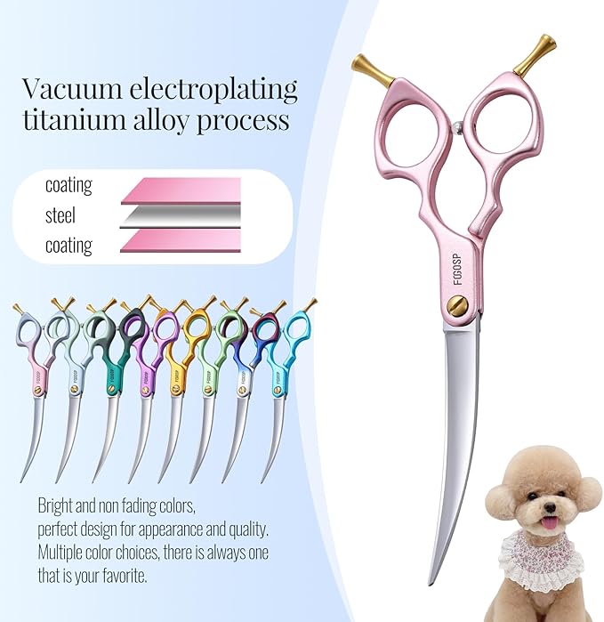 Professional Curved Dog Grooming Scissors with Sharper Self Grinding lightweight and finely trimmed split structure 6.5'' Japan VG10 63HRC for small dogs cat pet(Pink)