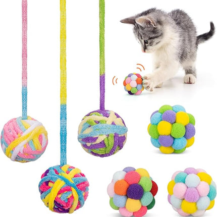Retro Shaw Cat Toys Balls, 6Pcs Woolen Yarn Cat Ball Toy with Bell Inside, Interactive Kitten Toys for Indoor Cats Kitty, Chew Toys Jingle Pompom Ball with String