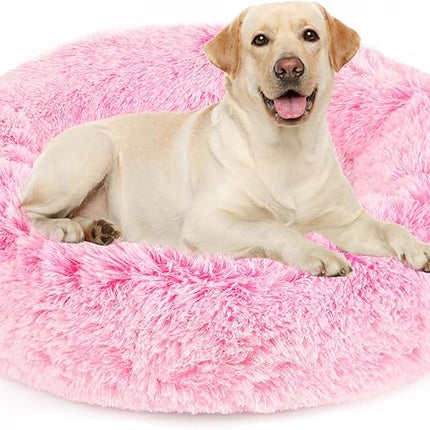 NOYAL Calming Donut Dog Bed for Small to Medium Dogs & Cats - Plush Faux Fur Anti-Anxiety Pet Bed with Machine Washable Cover & Non-Slip Base