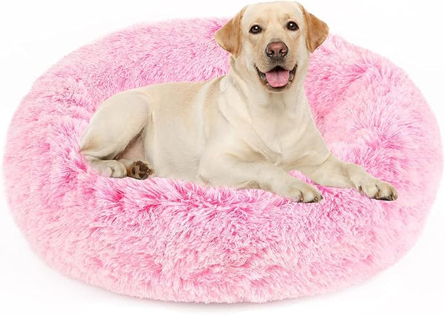 NOYAL Calming Donut Dog Bed for Small to Medium Dogs & Cats - Plush Faux Fur Anti-Anxiety Pet Bed with Machine Washable Cover & Non-Slip Base