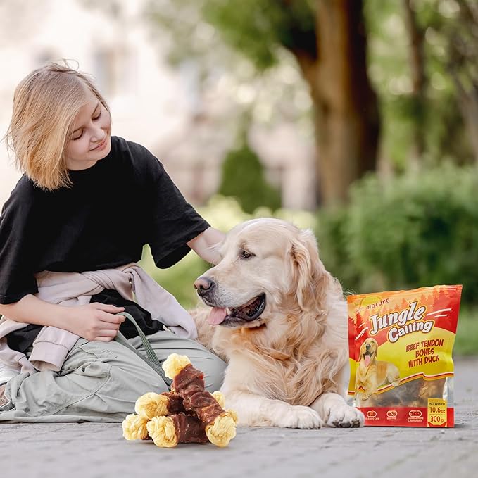 Jungle Calling Beef Tendons for Dogs, Duck Wrapped Tendons Dog Chews Long Lasting Hip and Joint Supplement for Dogs with Glucosamine (Knotted Bone)