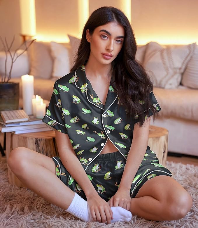 Women’s Silk Satin Pajama Set, Short Sleeve Button Down 2 Piece PJs with Shorts, Cozy Loungewear & Matching Holiday Pajamas