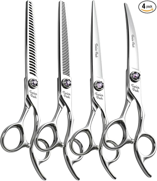 Fenice Peak 7 inch Dog Grooming Scissors Set 4PCS Straight Curved Thinner Chunker Professional Dog Shears Made of Japanese 440C Stainless Steel with Jewelled Screw Durable and Sharp