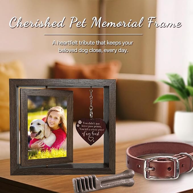 Pet Memorial Gift for Dogs and Cats – Rotating Wooden Picture Frame for 4x6 Photos – Loss of Dog Sympathy Gift, Pet Loss Remembrance Bereavement Keepsake