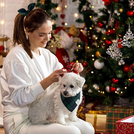 E-Clover Christmas Dog Bandanas Boy & Matching Scrunchie Set Plaid Scarf Kerchief for Small Dog Puppy Bandana Pet Owner Blue Green Fall