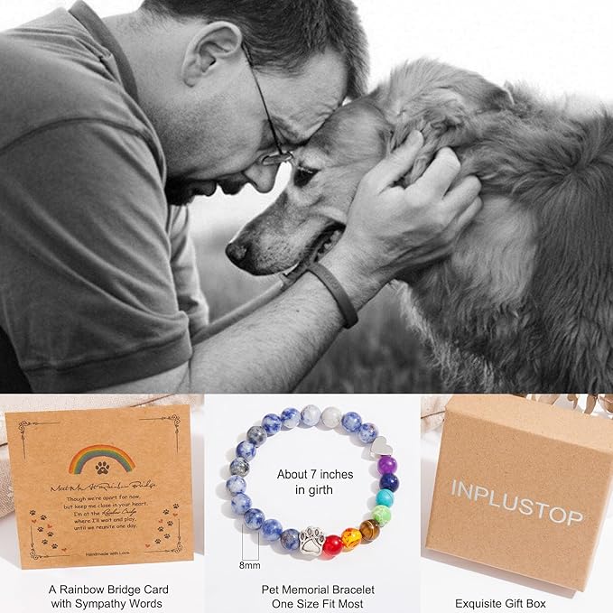 Pet Memorial Gifts for Dogs, Rainbow Bridge Bracelet for Dog Cat, Pet Sympathy Gift, 8MM Mixed Color Bead 7 Chakra Pet Memorial Bracelet for Women Men Who Loss of Pets, Dog Remembrance Gift