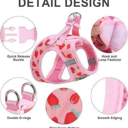 EXPAWLORER Dog Harness and Leash Set - Cute Puppy Harness Leash Dog Collar with AirTag Holder Silicone Case, Soft Padded Step in Pet Vest Reflective for Outdoor Walking, Strawberry L