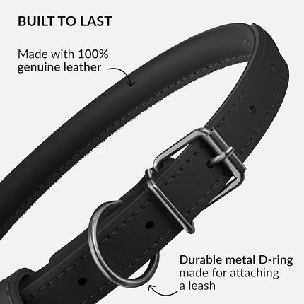 CollarDirect Rolled Leather Dog Collar, Soft Padded Round Puppy Collar, Handmade Genuine Leather Collar Dog Small Large Cat Collars 13 Colors (11-14 Inch, Black Smooth)