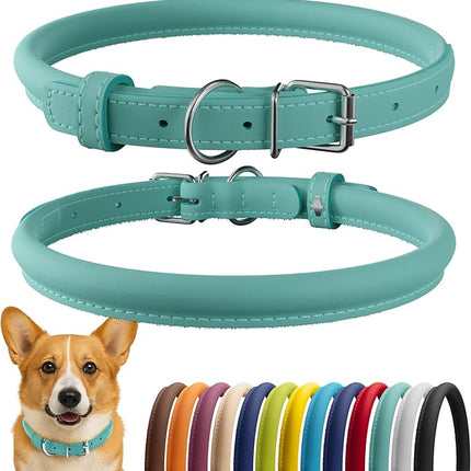CollarDirect Rolled Leather Dog Collar, Soft Padded Round Puppy Collar, Handmade Genuine Leather Collar Dog Small Large Cat Collars 13 Colors (11-14 Inch, Mint Green Smooth)