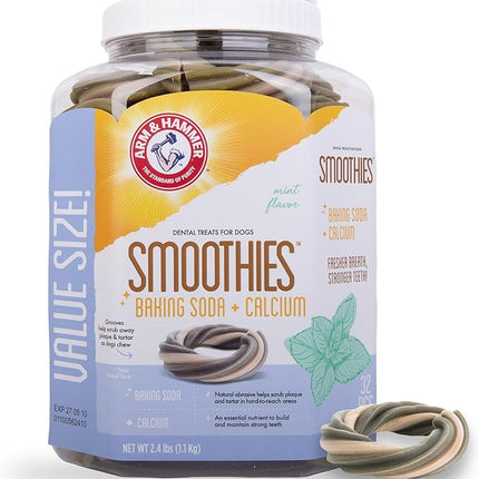 Arm & Hammer for Pets Smoothies Dental Treats for Dogs with Baking Soda and Calcium, Help Fight Bad Breath, Plaque & Tartar without Brushing, Mint, Ring Shaped, 32 Pcs (Packaging may vary)