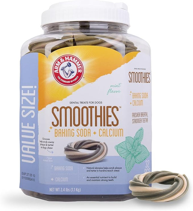 Arm & Hammer for Pets Smoothies Dental Treats for Dogs with Baking Soda and Calcium, Help Fight Bad Breath, Plaque & Tartar without Brushing, Mint, Ring Shaped, 32 Pcs (Packaging may vary)