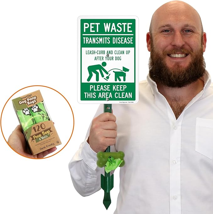 SmartSign Pet Waste Transmits Disease Leash/Curb/Clean Up Yard Sign & Clip-On Preloaded Dispenser Combo/Kit with 135 Dog Poop Waste Bags, 7"x10" Rust-proof Aluminum Sign with 18-inch Steel Stake