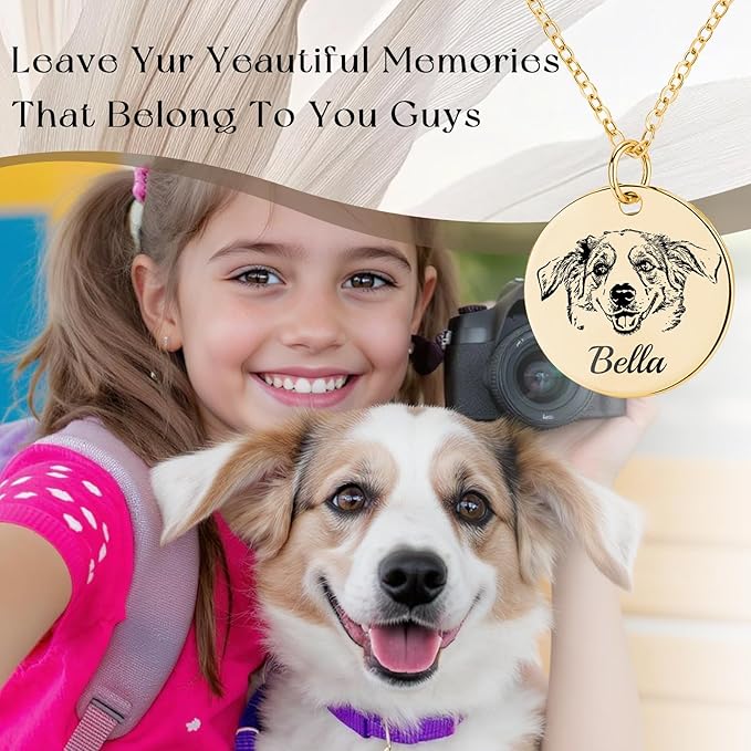 Personalized Pet Portrait Necklace Customized Pet Memorial Necklaces Dog Necklace for Women Custom Pets Necklaces Dog Memorial Jewelry for Cat Mom Dogs Dad (Gold 2 Portrait)