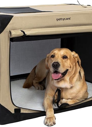Pettycare 36 Inch Collapsible Dog Crate with Curtains Travel Dog Crate for Airflow and Calm Soft Pet Kennel with Portable Bag and More Chew Proof Mesh Indoor & Outdoor Beige 4 Door Curtains
