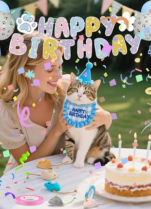 Cat Birthday Supplies,Outfit Bandana,Party Hat with Number,Catnip Mice Toy,Decoration Bundle with Banner,Ballons,Gift Set for Boy&Girl Kitten-Blue