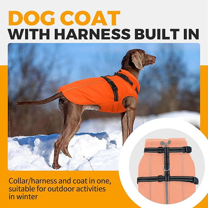 Lelepet Dog Winter Coat Waterproof Dog Jacket with Harness Built in Windproof Reflective Cold Weather Coats for Small Medium Large Dogs, Thermal Fleece Lined Coats for Walking Camping, Orange, XS