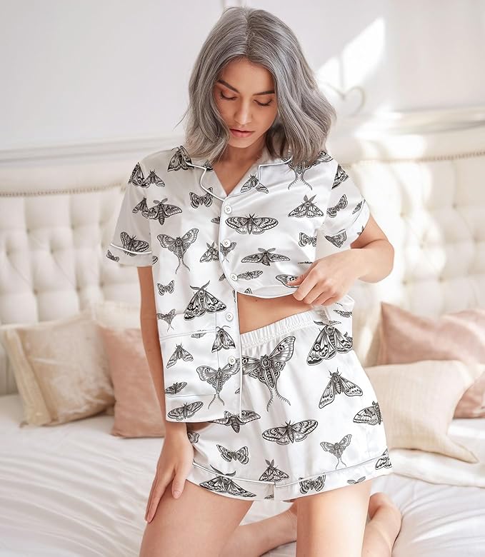 Women’s Silk Satin Pajama Set, Short Sleeve Button Down 2 Piece PJs with Shorts, Cozy Loungewear & Matching Holiday Pajamas