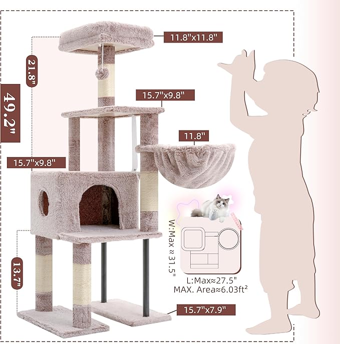 Heybly Cat Tree, 49.2 Inches Cat Tower for Indoor Cats, Spacious Cat House Condo with Hidden Space，Sturdy Steel Tube，Soft Plush Top Perch，Cozy Hammock and Sisal Scratching Posts, Muchroom HCT200SMU