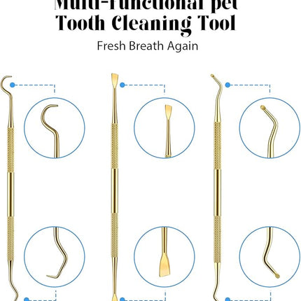 Hotop 3 Pieces Dog Dental Tooth Scaler and Scraper Stainless Double Headed Tarter Removing Tool Scraper Pet Teeth Cleaning Tools for Dog and Cat(Gold)