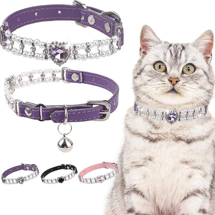 EXPAWLORER Cat Collar Leather with Bell and Safety Elastic Belt,Personalized Rhinestones Bling Adjustable Collars for Cats Kitty and Small Dogs,Pearl cat Collar Purple (Pearl)