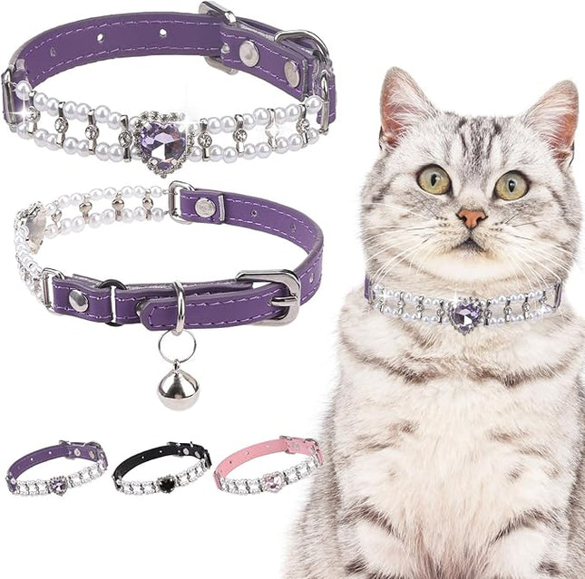 EXPAWLORER Cat Collar Leather with Bell and Safety Elastic Belt,Personalized Rhinestones Bling Adjustable Collars for Cats Kitty and Small Dogs,Pearl cat Collar Purple (Pearl)